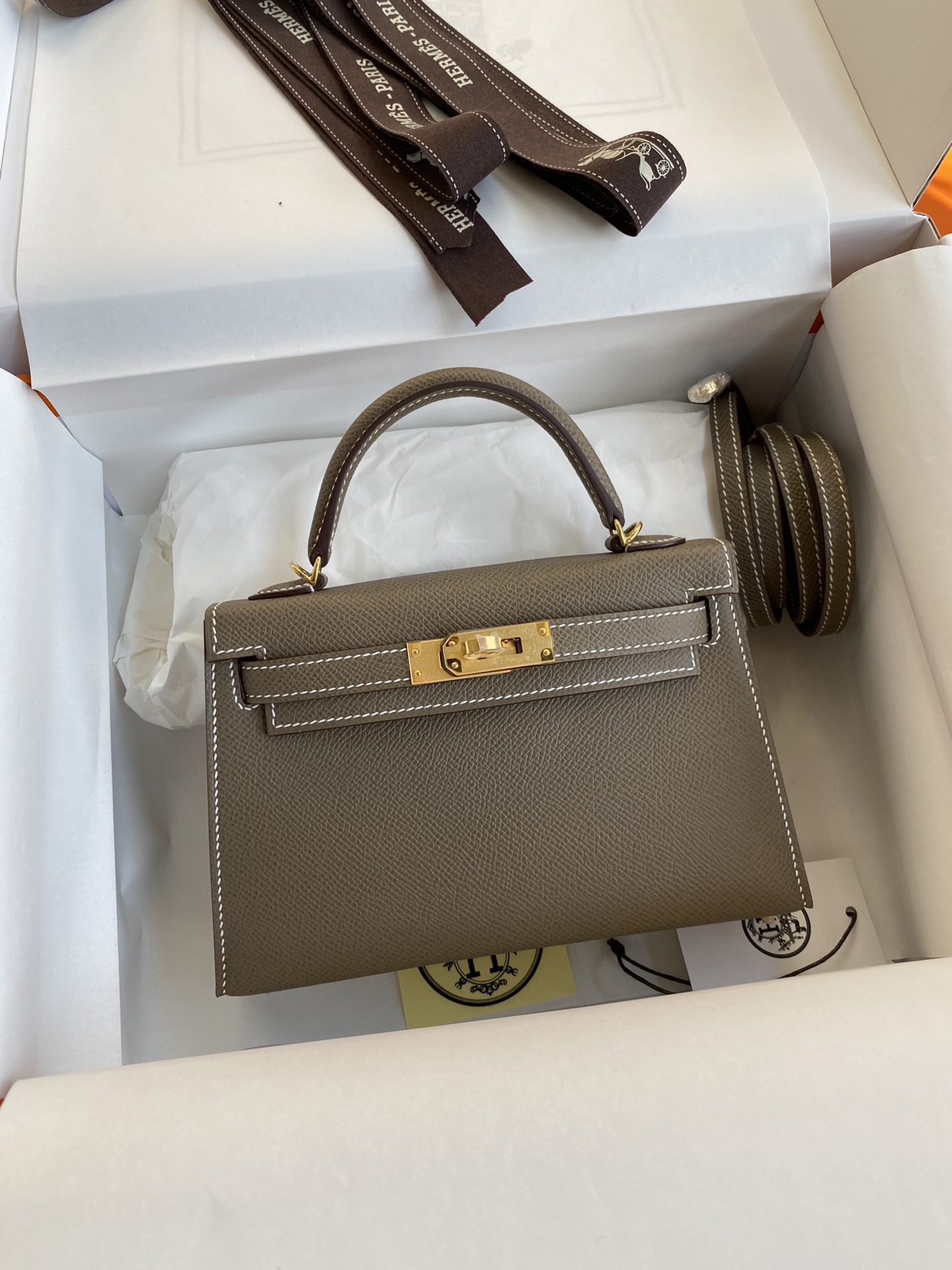 Hermès In stock: Second generation Mini Kelly 19cm imported Epsom leather elephant gray gold buckle