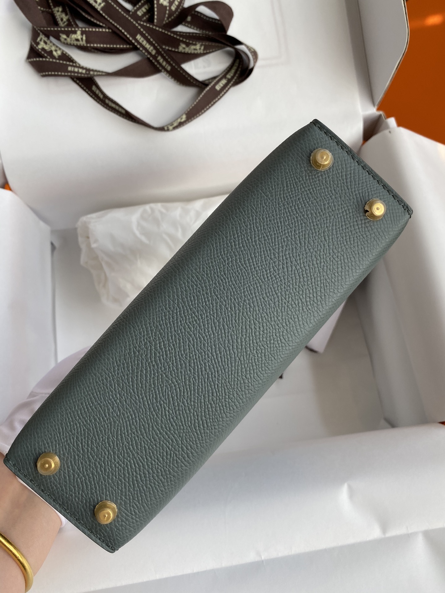 Hermès In stock: Second generation Mini Kelly 19cm imported Epsom leather almond green gold buckle