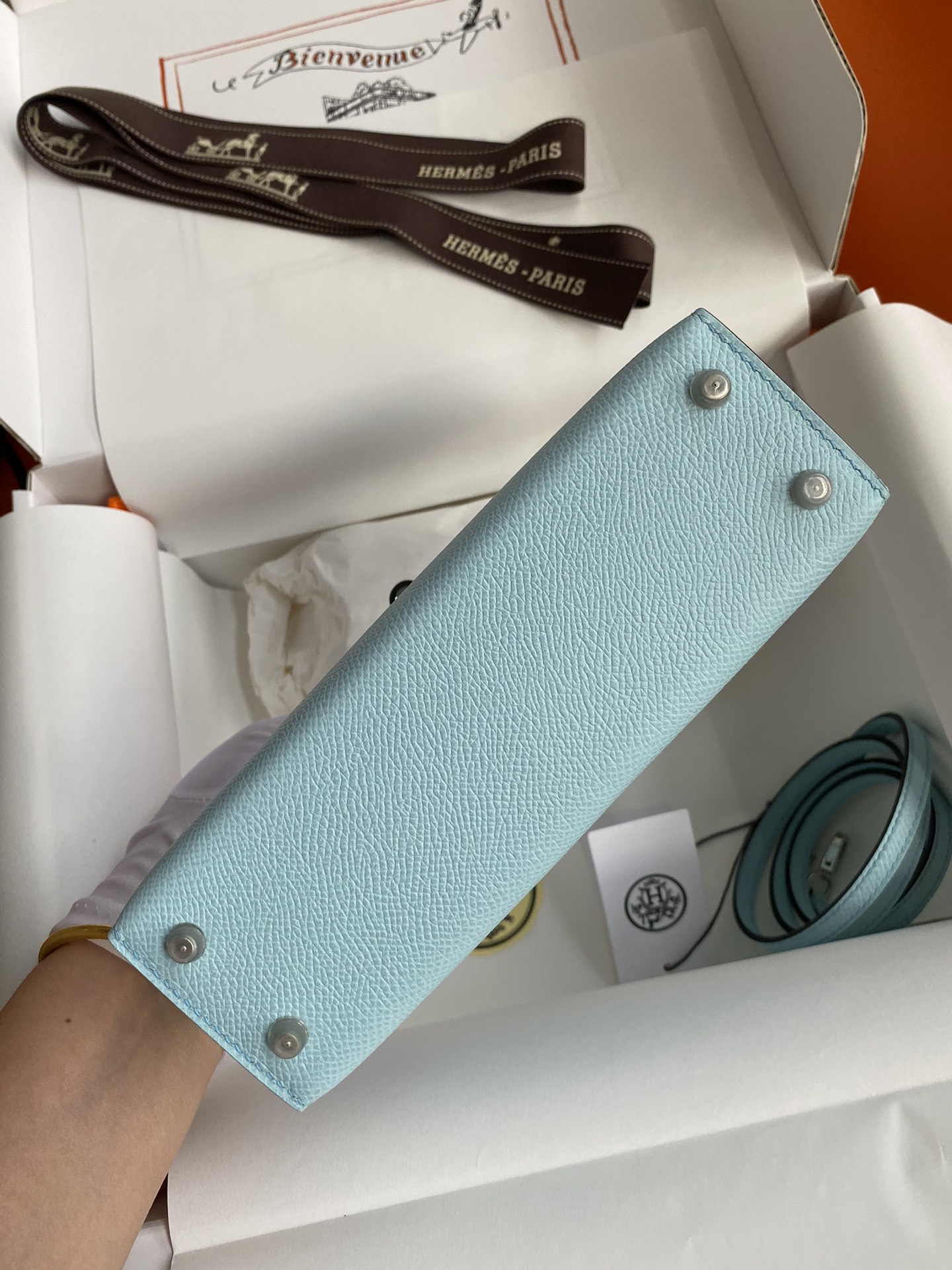 Hermès In stock: Second generation Mini Kelly 19cm, imported Epsom leather, breeze blue, silver buckle