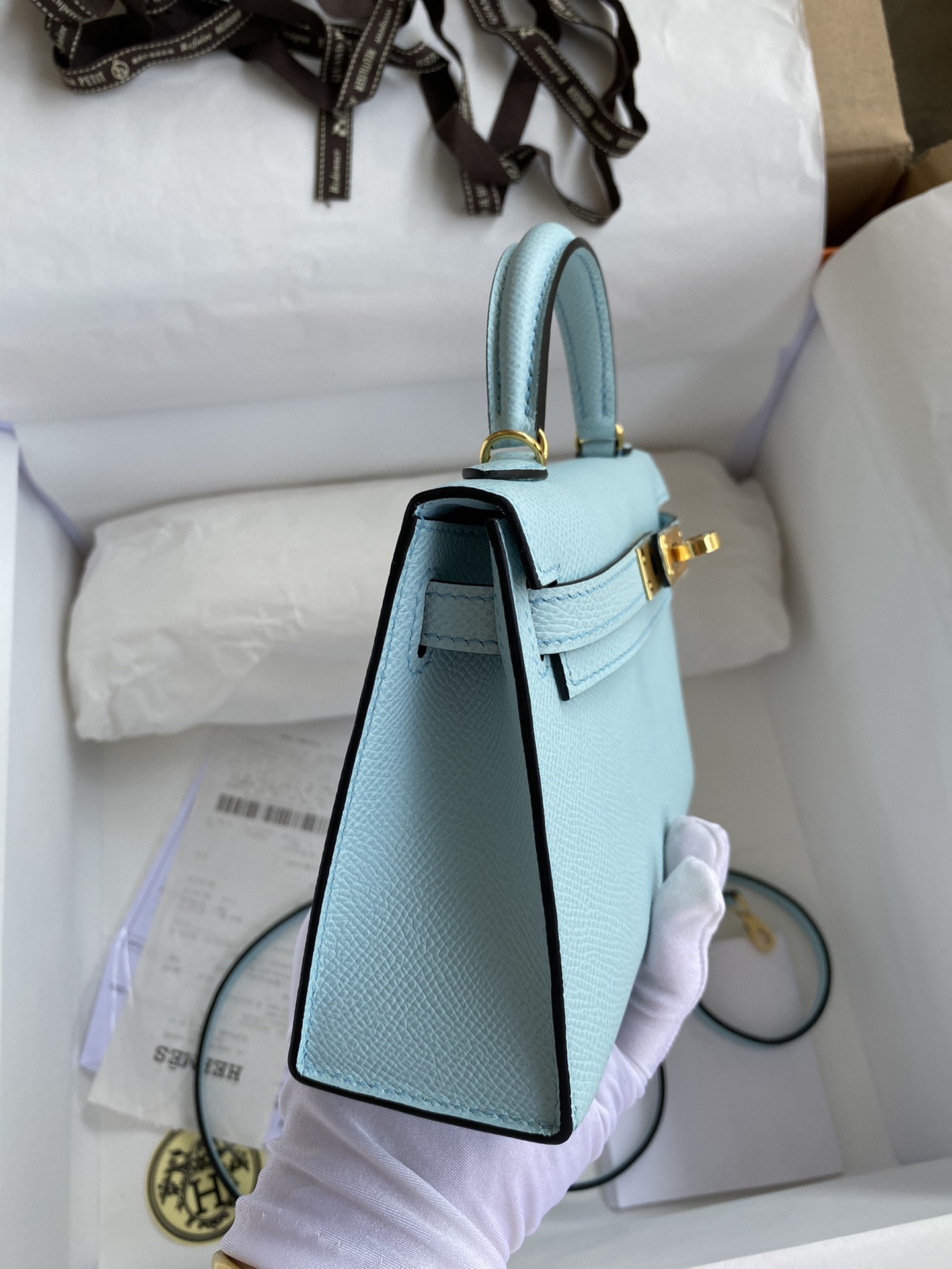 Hermès In stock: Second generation Mini Kelly 19cm, imported Epsom leather, breeze blue, gold buckle