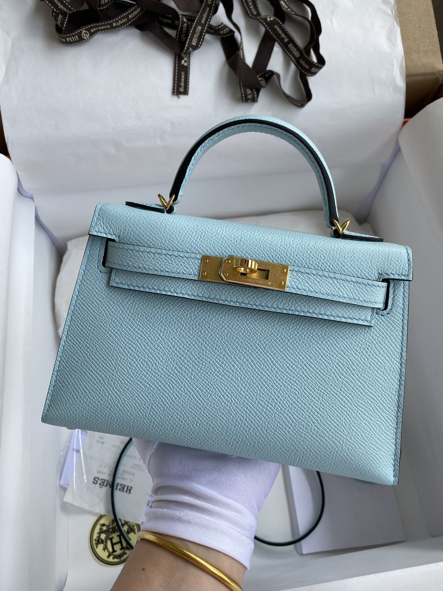 Hermès In stock: Second generation Mini Kelly 19cm, imported Epsom leather, breeze blue, gold buckle