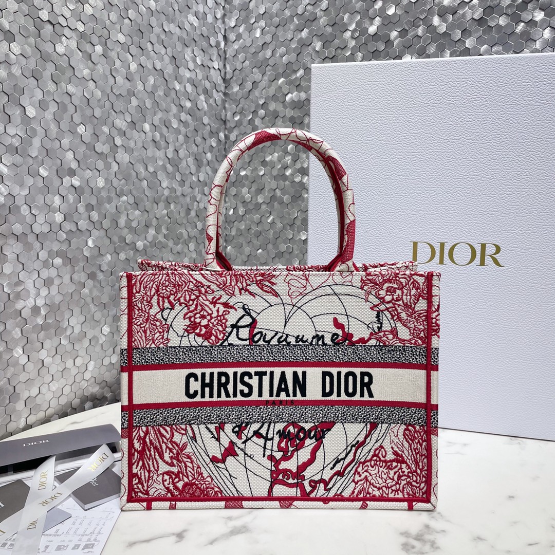 Dior Book Tote Handbags Tote Bags Red White Embroidery