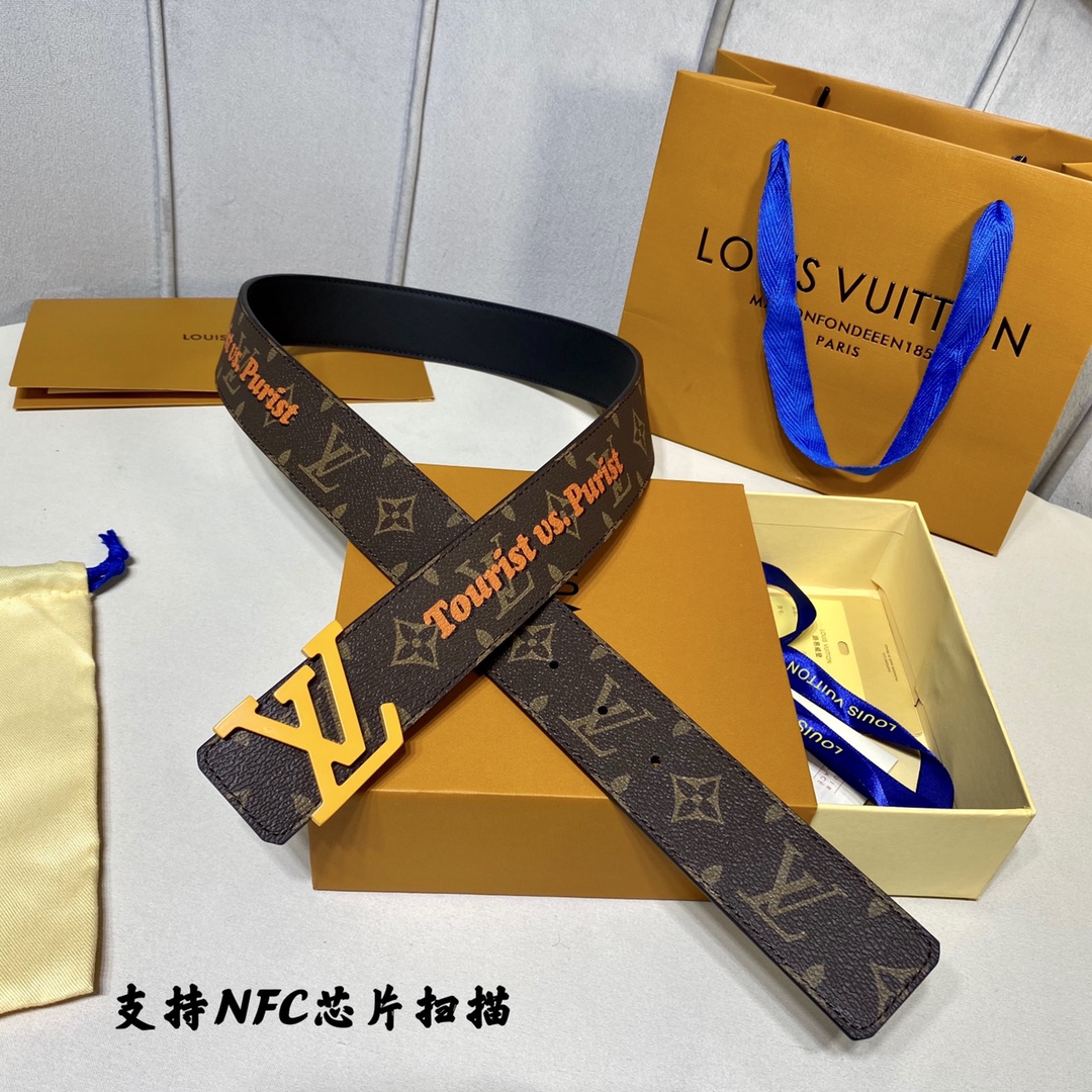 Louis Vuitton Belts Black Orange Men Calfskin Canvas Cowhide