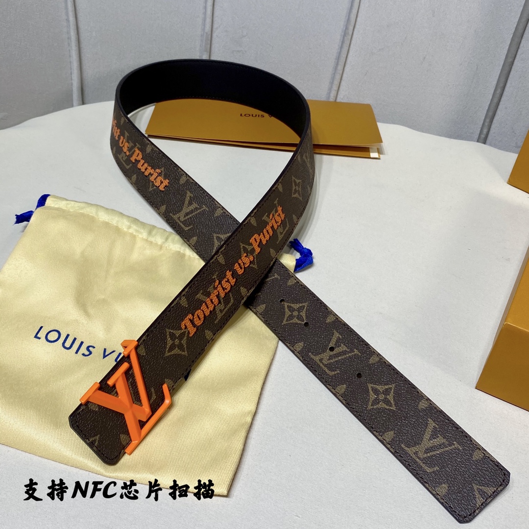 Louis Vuitton Belts Black Orange Men Calfskin Canvas Cowhide