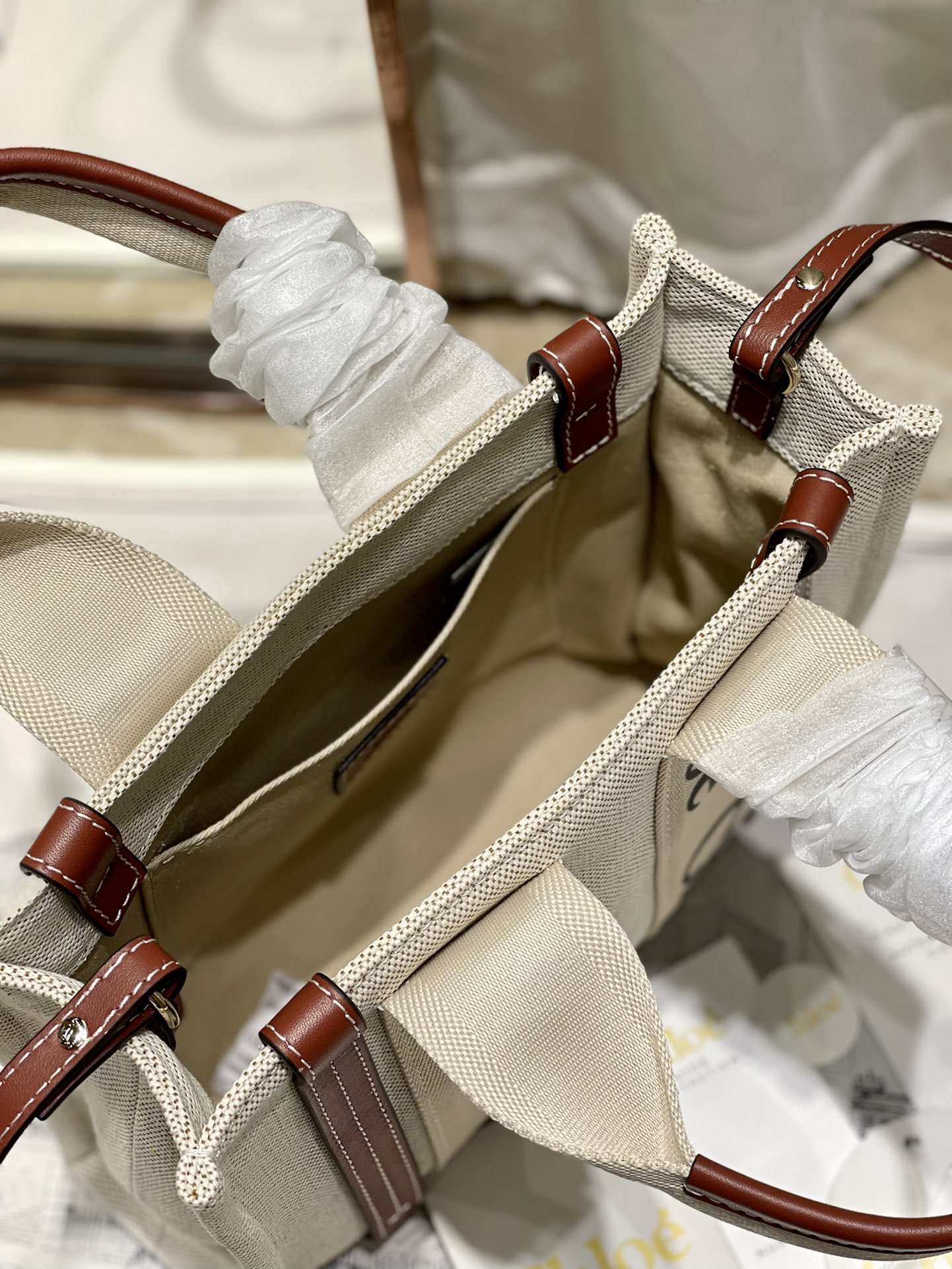 Chloé Woody Small Tote Bag with Shoulder Strap, Canvas and Leather Trim 9 i1629745629 380 7