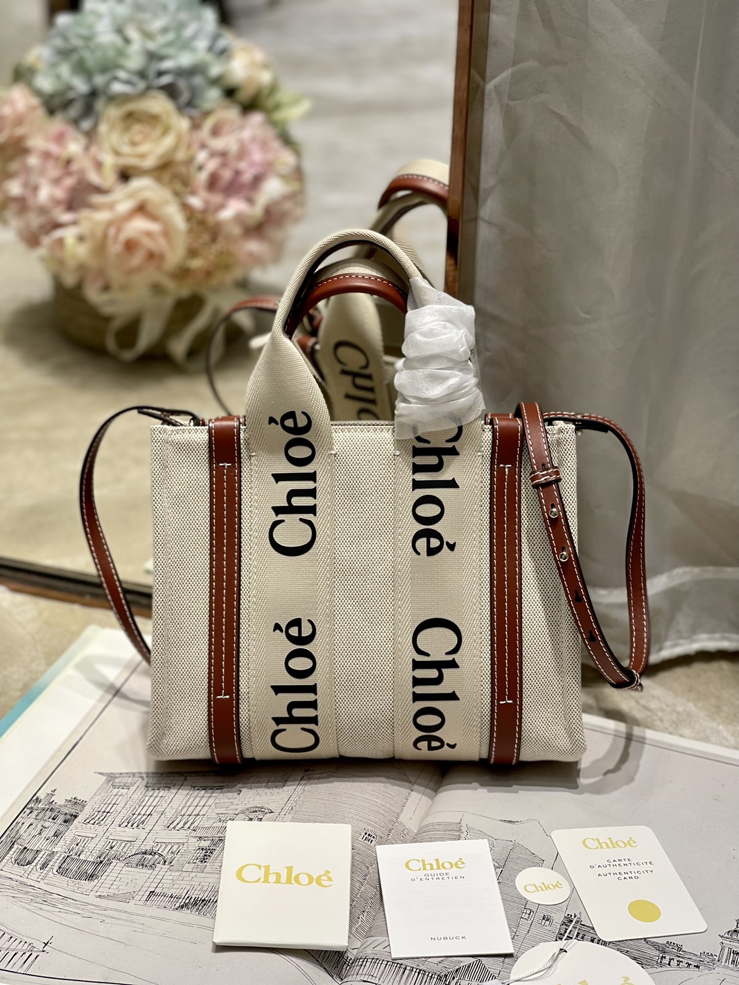 Chloé Woody Small Tote Bag with Shoulder Strap, Canvas and Leather Trim 2 i1629745629 393 0
