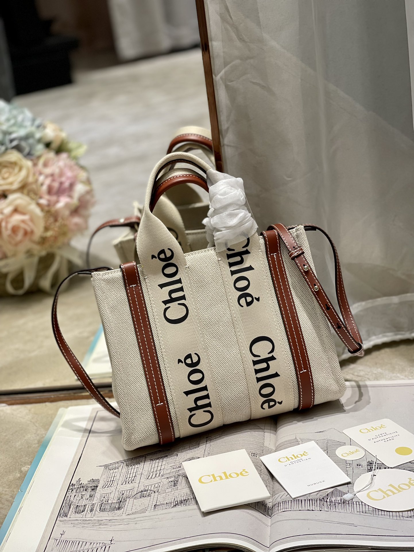Chloé Woody Small Tote Bag with Shoulder Strap, Canvas and Leather Trim 3 i1629745629 9533 1