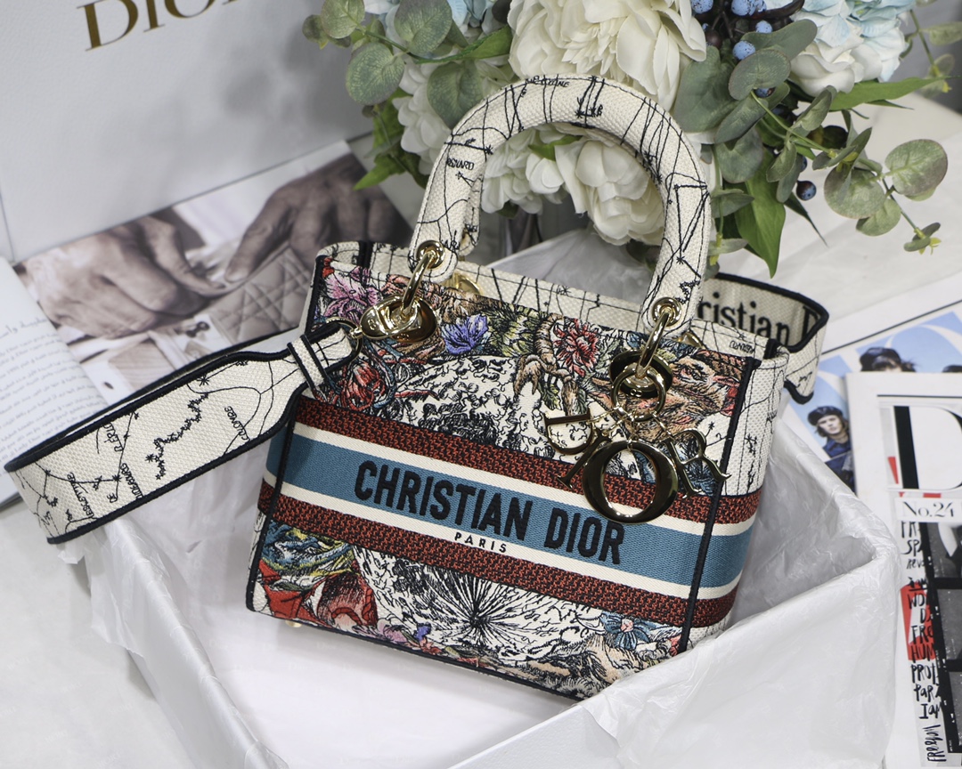 DIOR Lady D Embroidered Fabric Wide Shoulder Strap Handbag