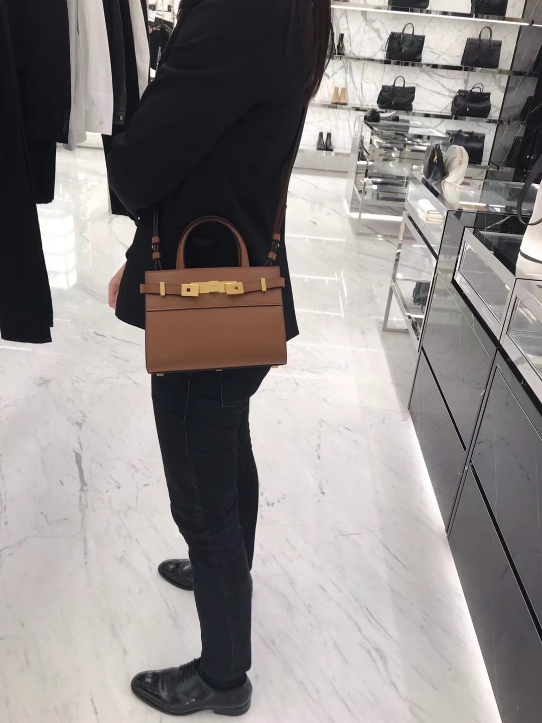 Ysl 𝑴𝑨𝑵𝑯𝑨𝑻𝑻𝑨𝑵 𝑵𝑨𝑵𝑶曼哈顿手提包 牙签纹棕色金扣593741