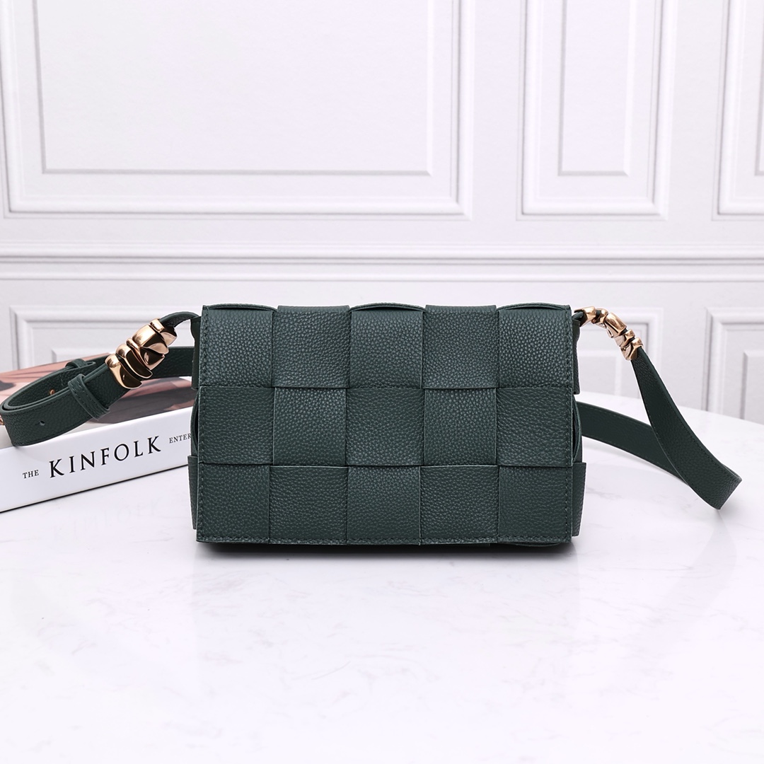 Bottega Veneta grained leather metal hardware woven shoulder strap crossbody bag