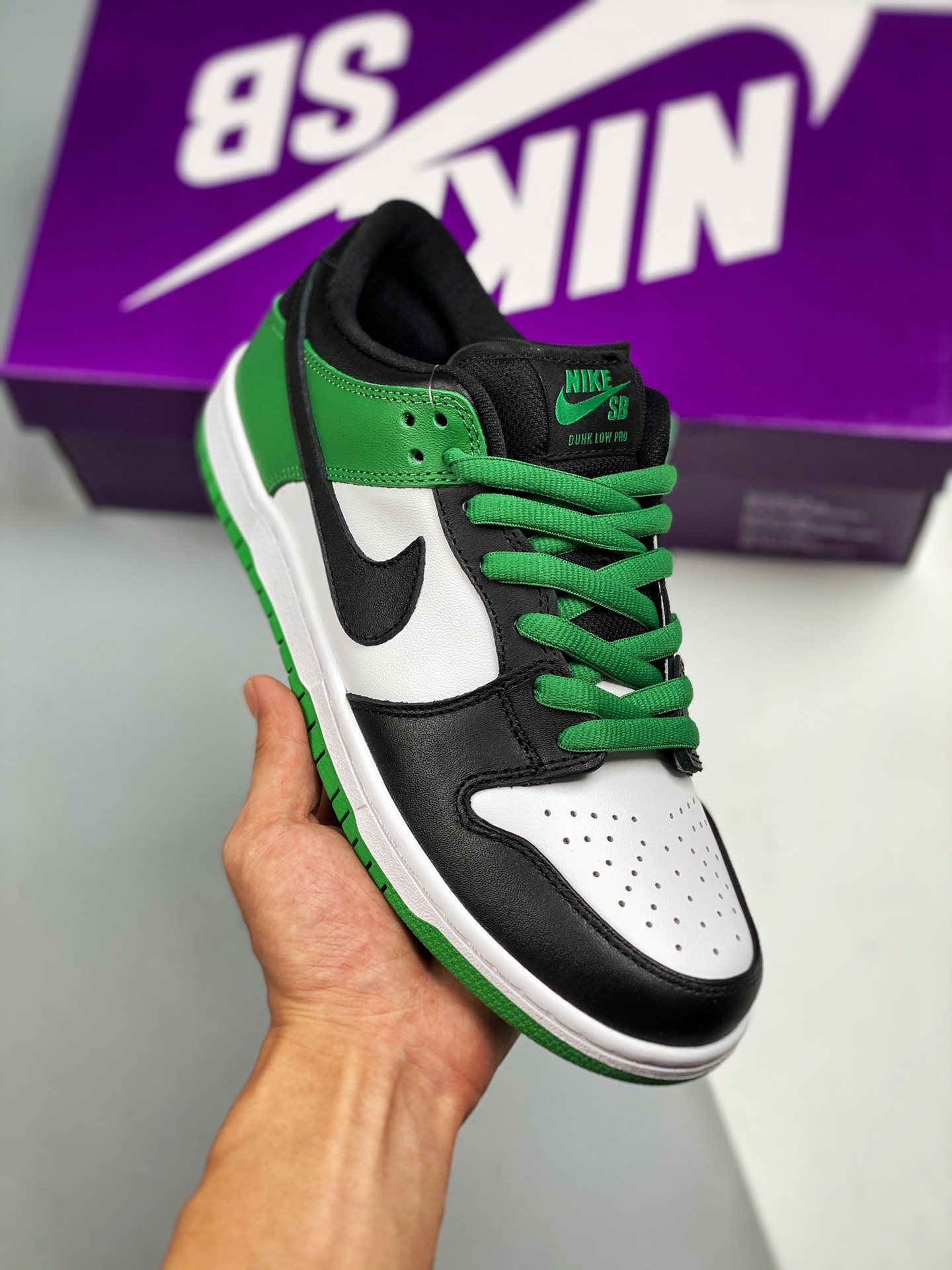 Nike SB Dunk Low Pro blanco negro verde, material original de primera capa, procesamiento de destilación con forma excl…