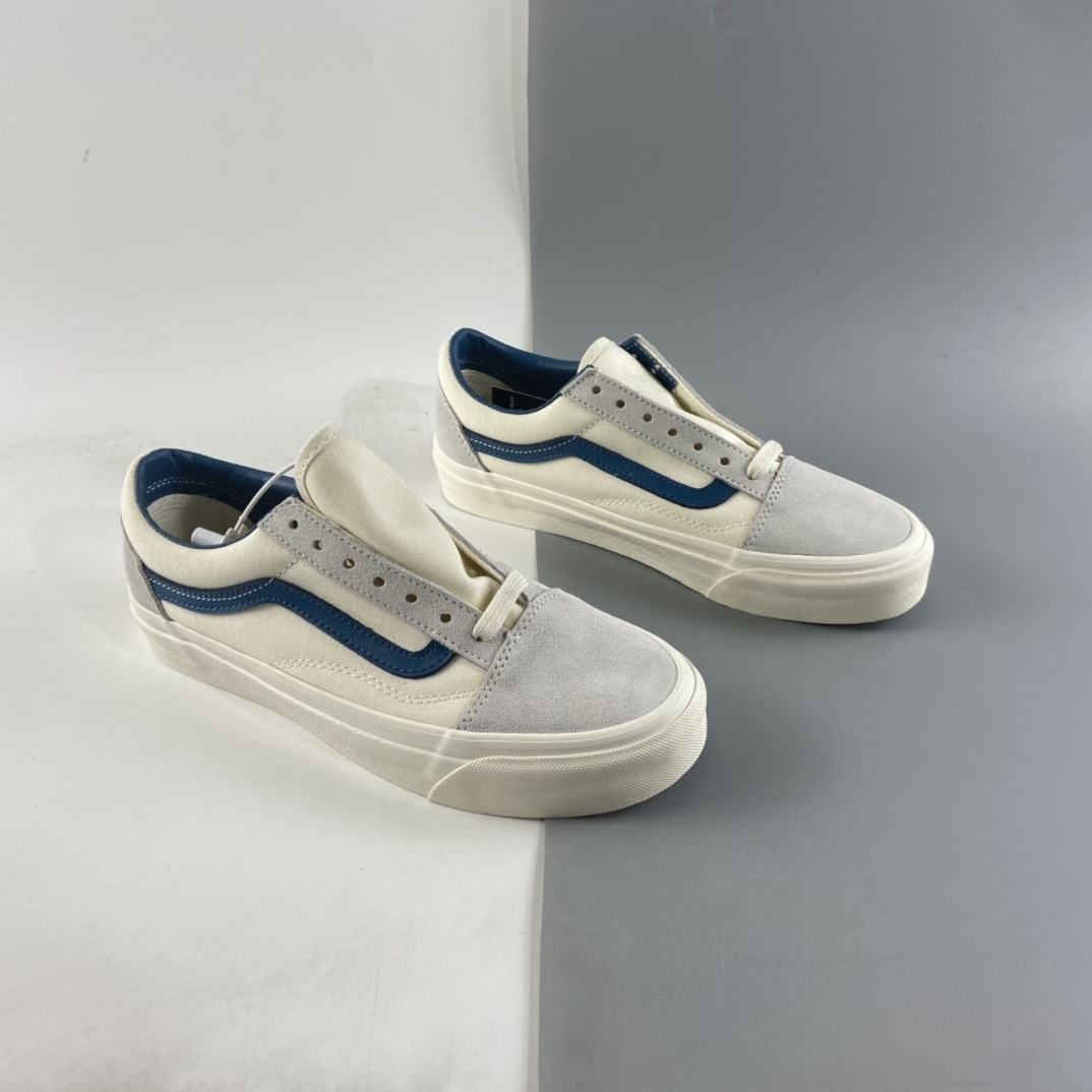 P140  Vans Vault OG Old Skool LX白色麂皮内里蓝色皮质拼接帆布复古高端鞋款 VN0A38G1QKK