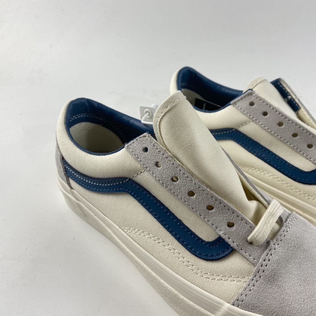 P140  Vans Vault OG Old Skool LX白色麂皮内里蓝色皮质拼接帆布复古高端鞋款 VN0A38G1QKK