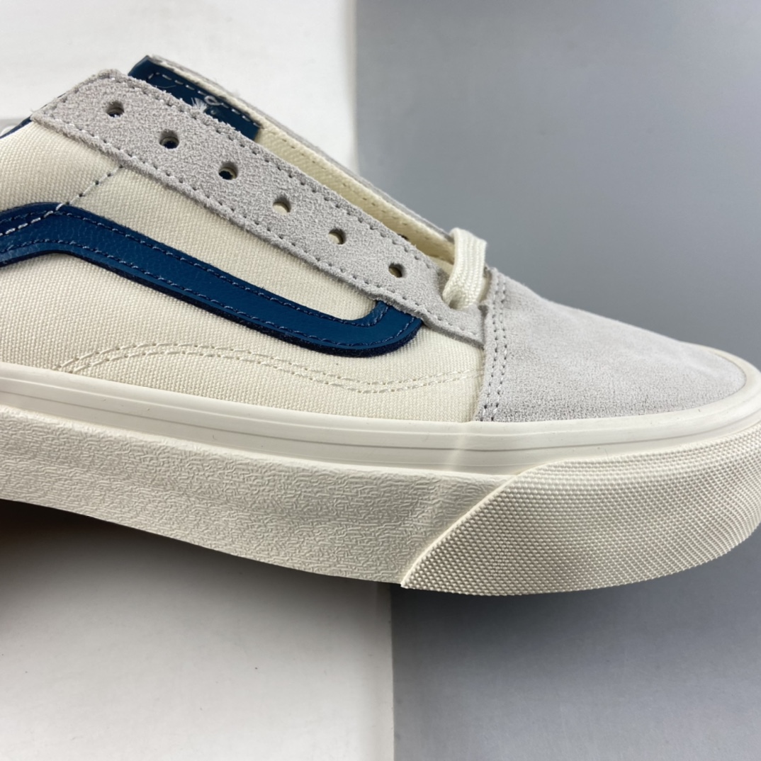 P140  Vans Vault OG Old Skool LX白色麂皮内里蓝色皮质拼接帆布复古高端鞋款 VN0A38G1QKK