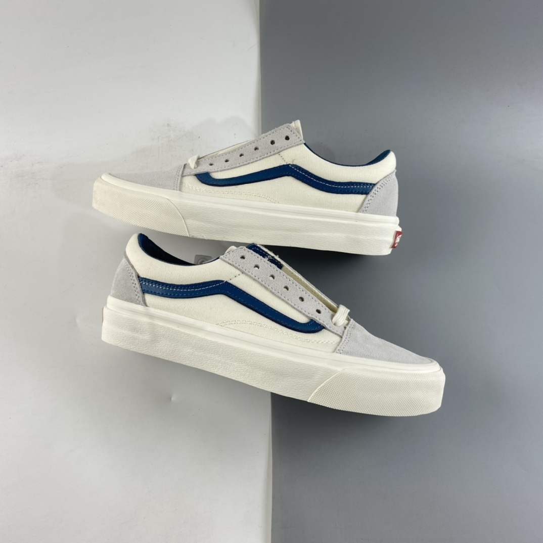 P140  Vans Vault OG Old Skool LX白色麂皮内里蓝色皮质拼接帆布复古高端鞋款 VN0A38G1QKK