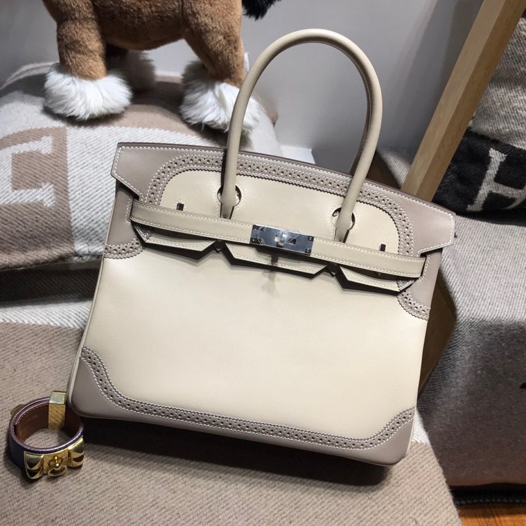 Hermès Birkin 30 Ghillies Swift Leather Bag in Diamond Gray & Argile