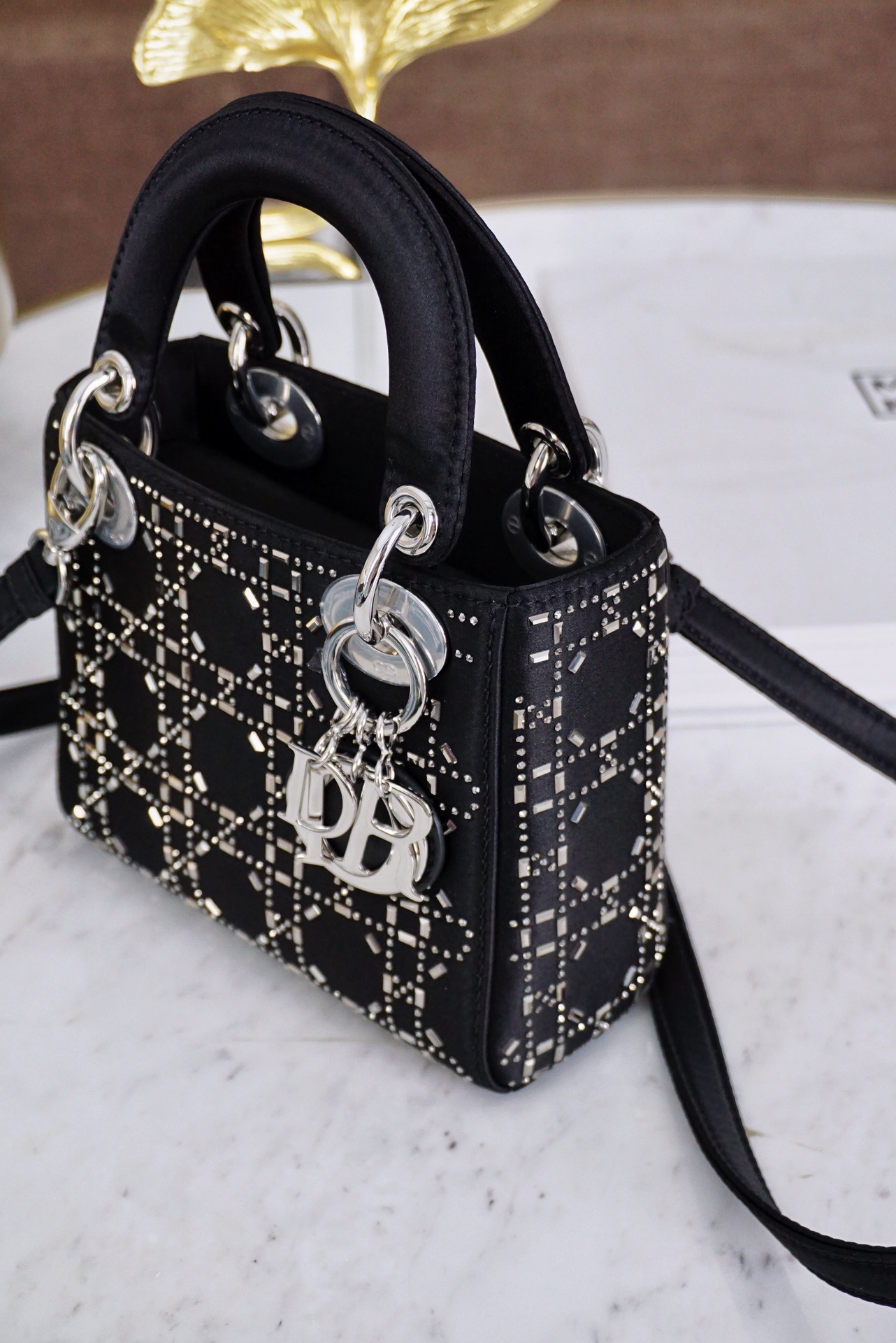 Túi Mini Lady Dior màu đen diamond calfskin 17cm best quality