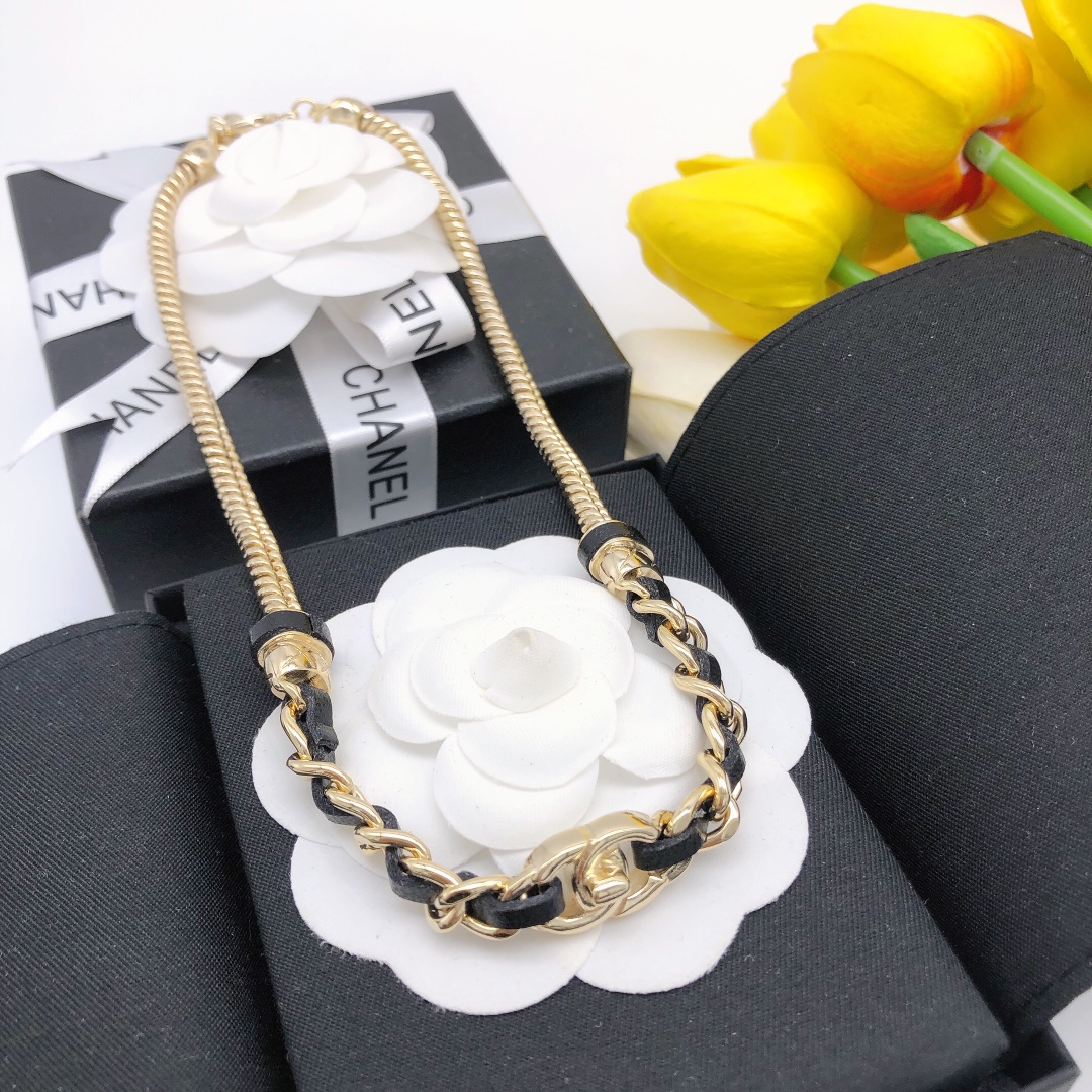 Chanel CC Turnlock Leather Woven Chain necklace gold tone metal black leather 40cm