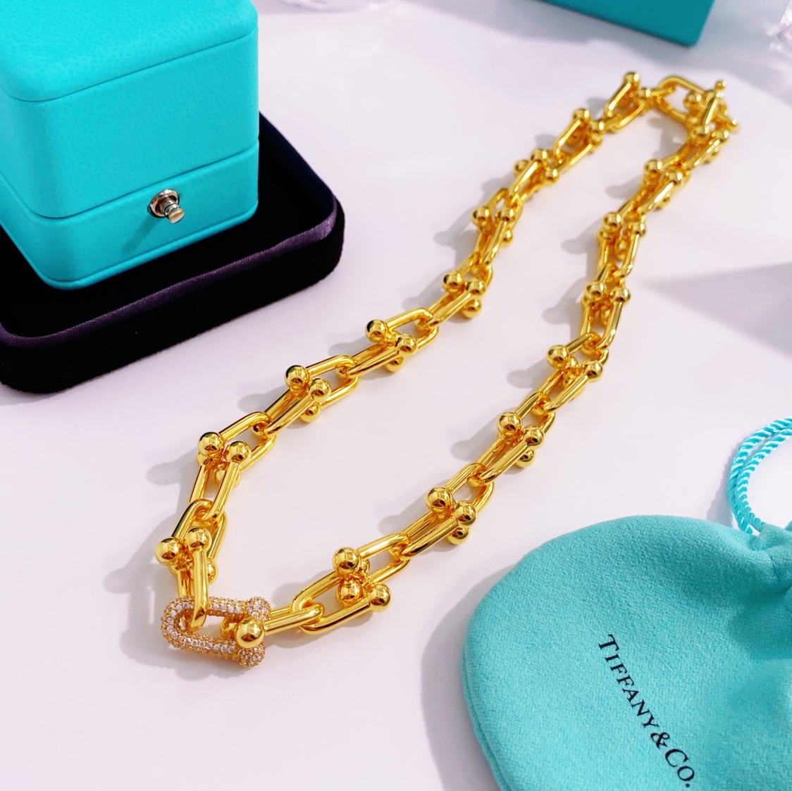 Tiffany & Co. TFN蒂芙尼新款环扣U型竹节带钻粗版项链到货 黄铜材料电镀18K金 金银玫3个色 项链尺寸:内周长约45cm
