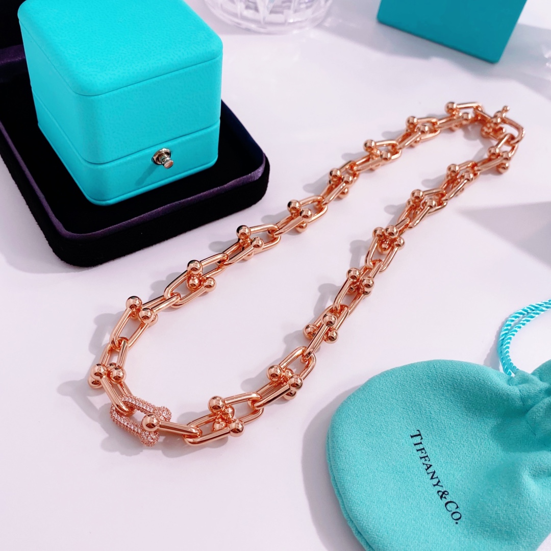 Tiffany & Co. TFN蒂芙尼新款环扣U型竹节带钻粗版项链到货 黄铜材料电镀18K金 金银玫3个色 项链尺寸:内周长约45cm