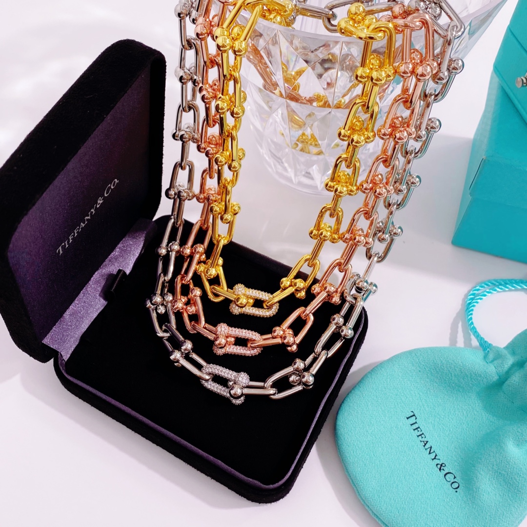 Tiffany & Co. TFN蒂芙尼新款环扣U型竹节带钻粗版项链到货 黄铜材料电镀18K金 金银玫3个色 项链尺寸:内周长约45cm
