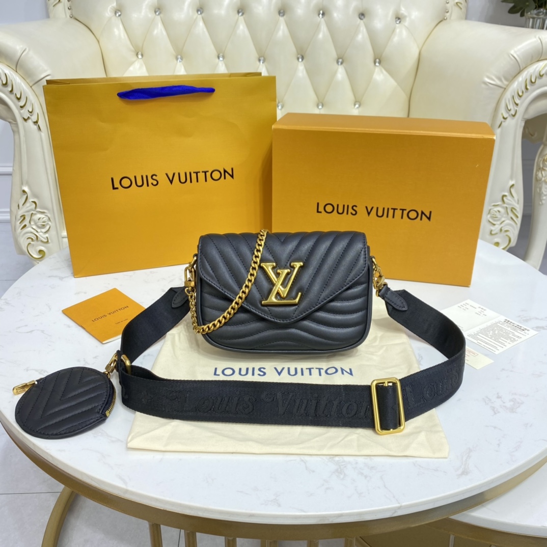 Louis Vuitton LV New Wave Bags Handbags Gold Orange Red Calfskin Cowhide Pochette Chains M56466