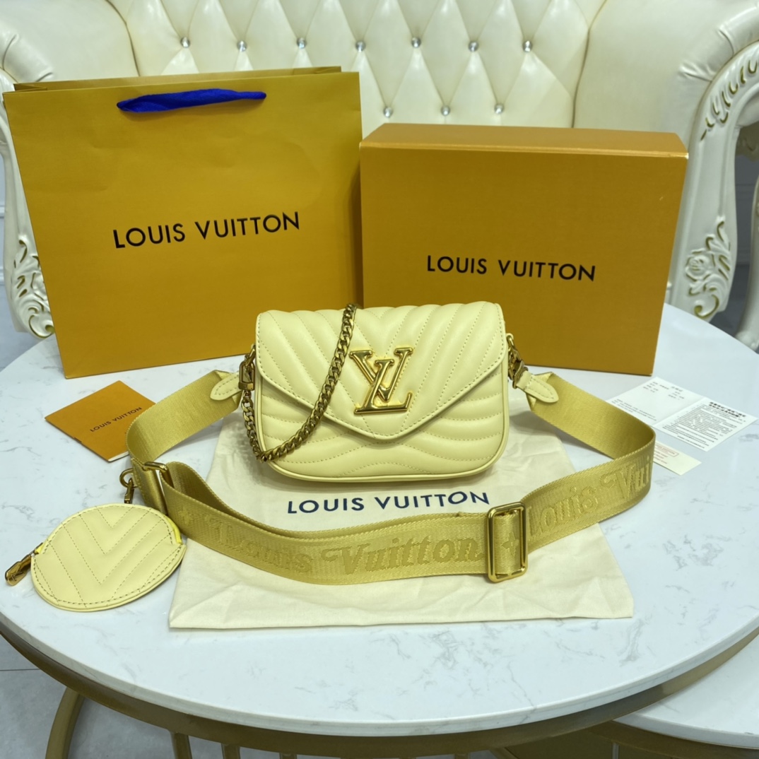 Louis Vuitton LV New Wave Bags Handbags Gold Orange Red Calfskin Cowhide Pochette Chains M56466