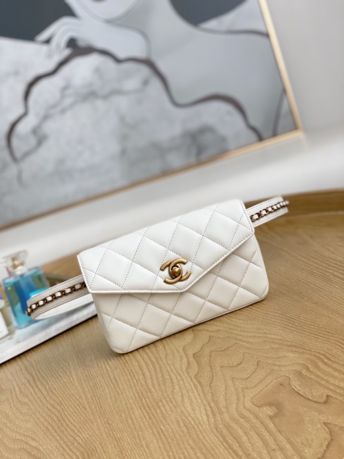 Chanel White Lambskin Leather Waist Bag with Gold-tone Hardware, 18 x 12 cm 1 Chanel White Lambskin Leather Waist Bag with Gold-tone Hardware, 18 x 12 cm