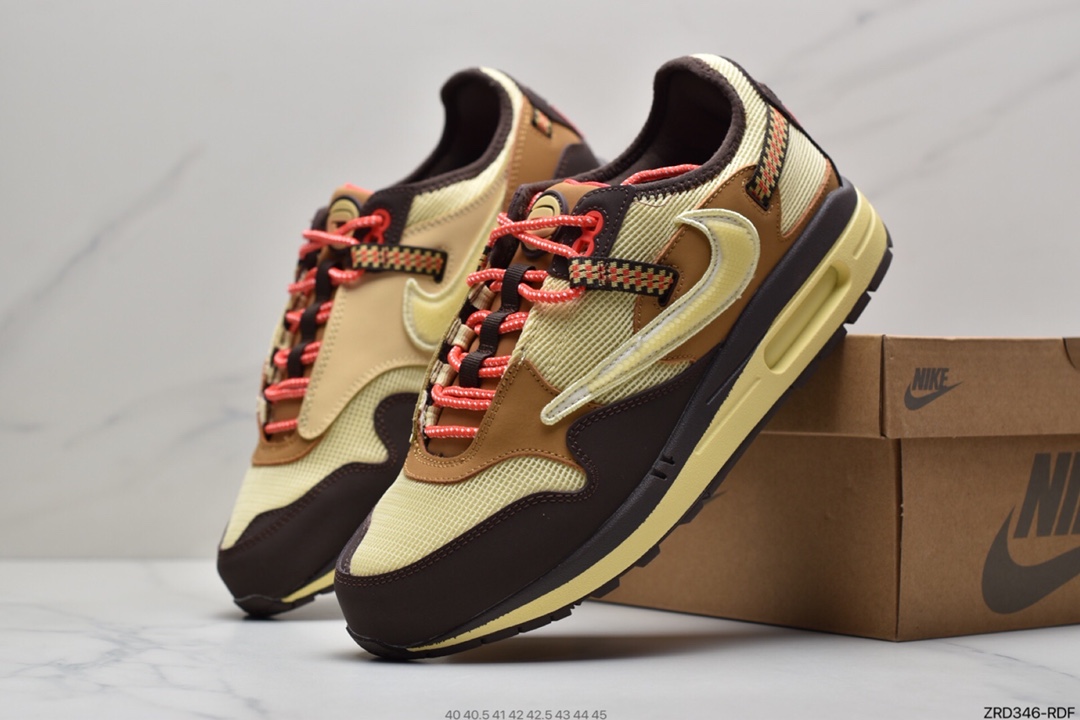 320 Travis Scott x Nike Air Max 1”Cactus Jack”改版款低帮复慢跑鞋“深棕麦黄米倒钩”DO9392-200