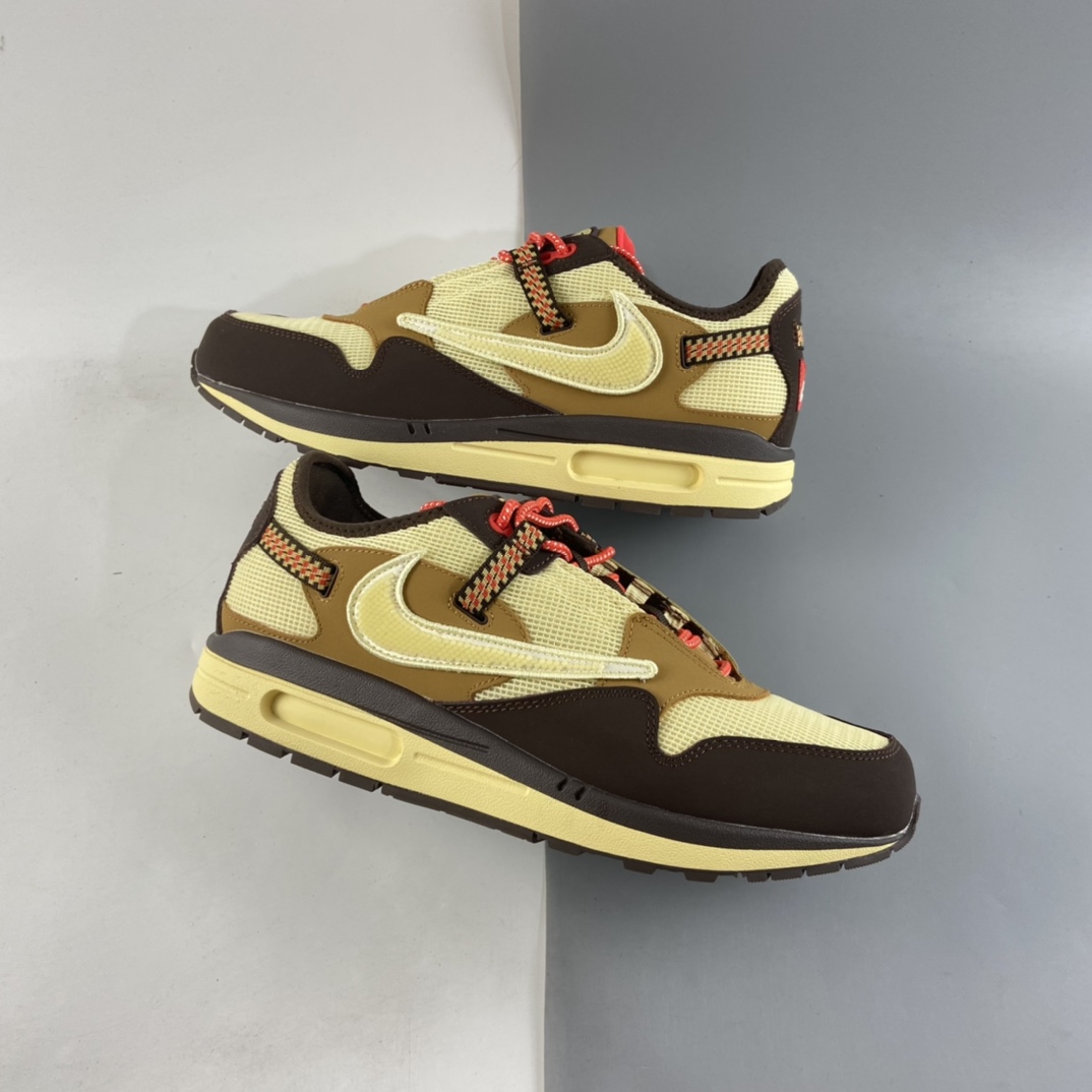 P320  Travis Scott x NIKE Air Max 1 ”Cactus Jack” 低帮复古百搭休闲运动慢跑鞋“深棕麦黄米倒钩”DO9392-200