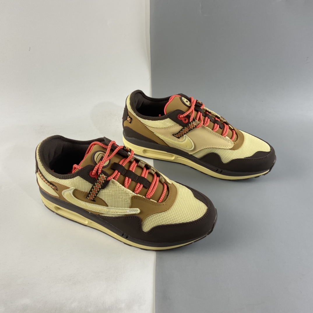 P320  Travis Scott x NIKE Air Max 1 ”Cactus Jack” 低帮复古百搭休闲运动慢跑鞋“深棕麦黄米倒钩”DO9392-200