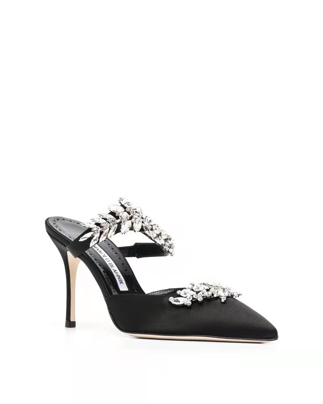 Versión superior [Manolo Blahnik] Mulas clásicas de satén de seda con cristales de Swarovski "LURUM" de 90 mm Four Seas…