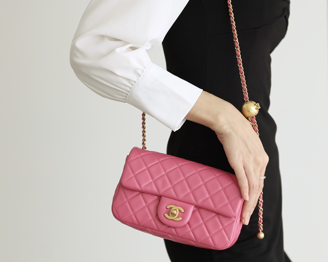 Chanel Flap Bag CF羊皮大Mini金球包 AS1787玫红