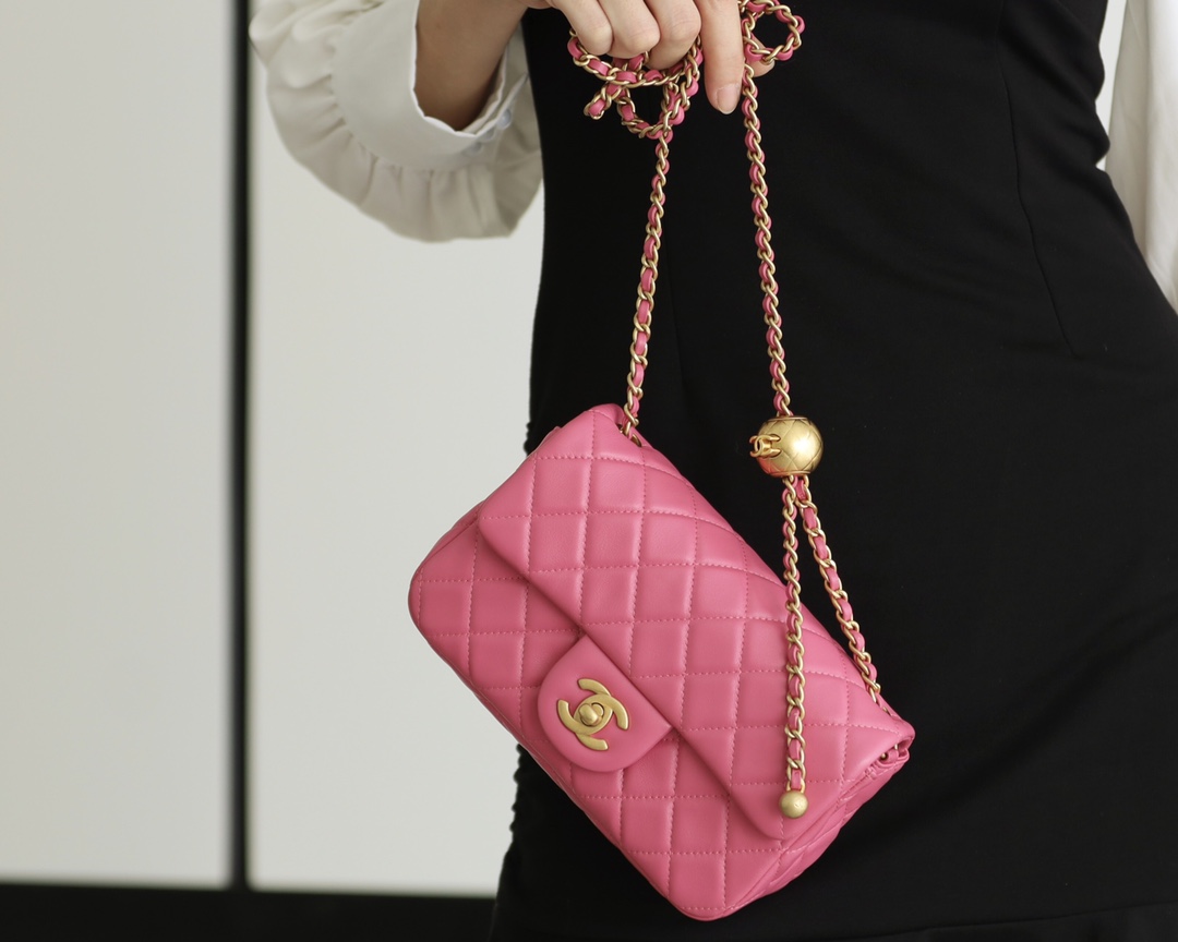 Chanel Flap Bag CF羊皮大Mini金球包 AS1787玫红