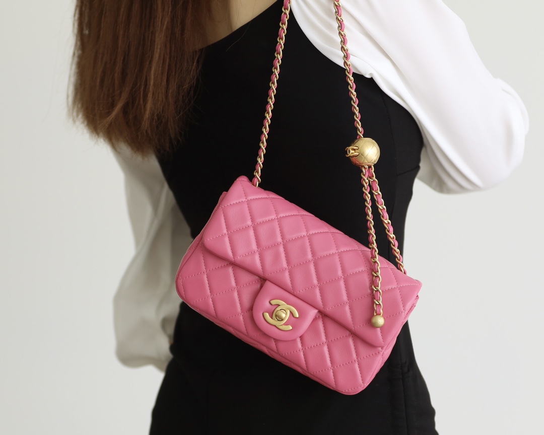 Chanel Flap Bag CF羊皮大Mini金球包 AS1787玫红
