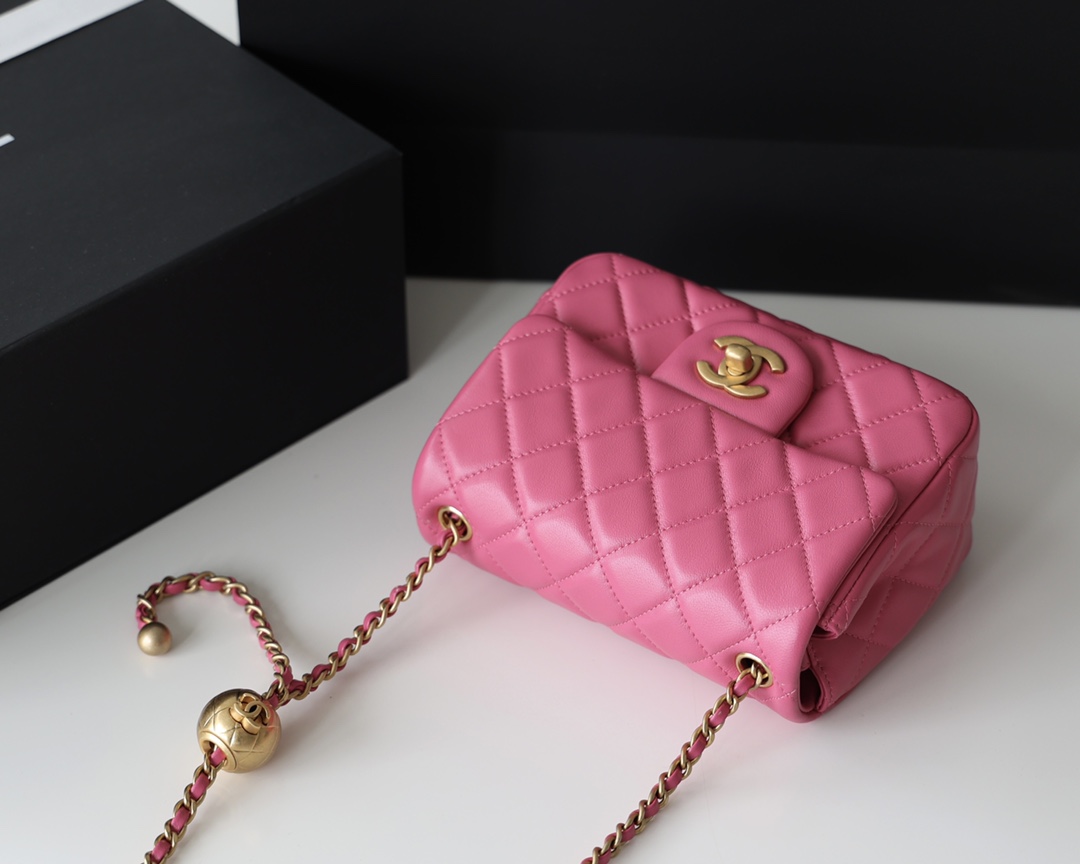Chanel Flap Bag CF Mini羊皮方胖子金球包 AS1786玫红