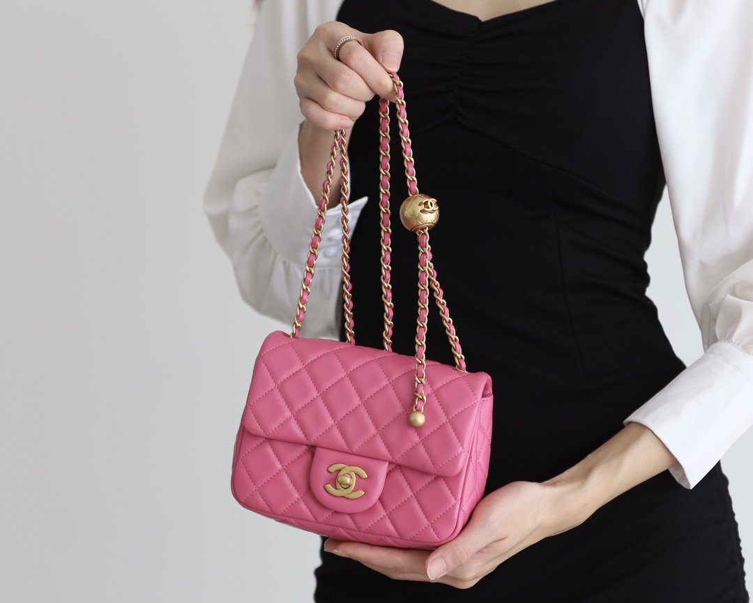Chanel Flap Bag CF Mini羊皮方胖子金球包 AS1786玫红