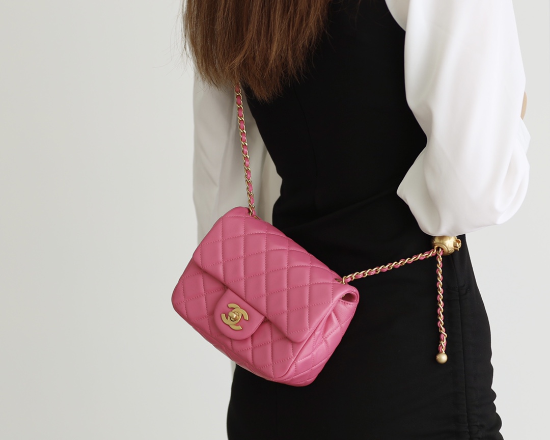 Chanel Flap Bag CF Mini羊皮方胖子金球包 AS1786玫红