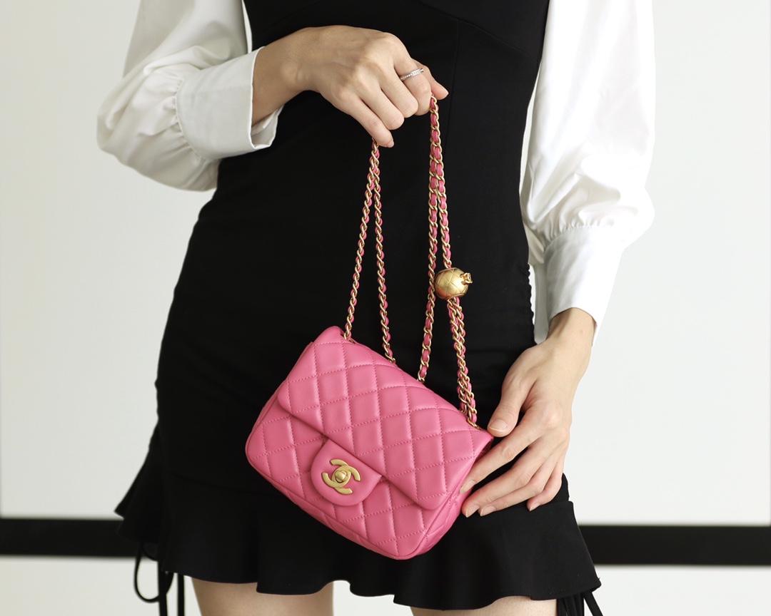 Chanel Flap Bag CF Mini羊皮方胖子金球包 AS1786玫红
