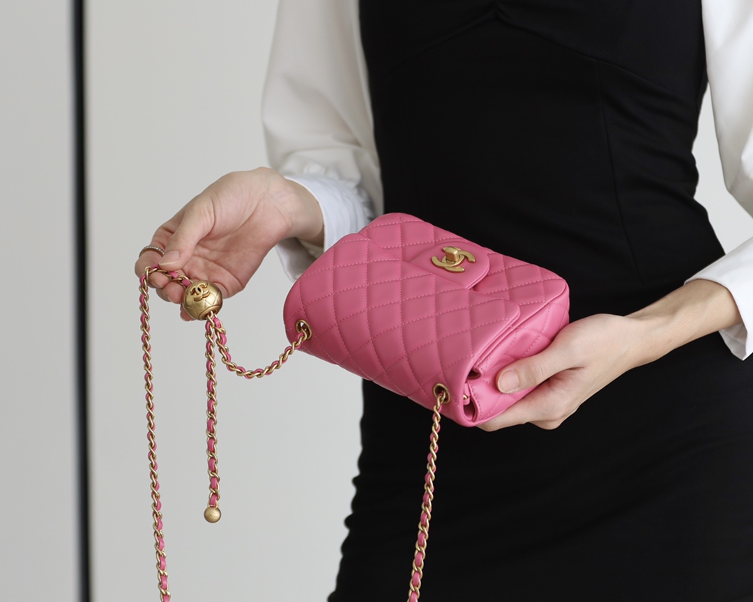 Chanel Flap Bag CF Mini羊皮方胖子金球包 AS1786玫红