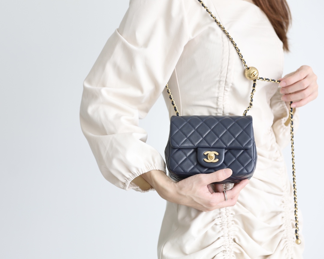 Chanel Flap Bag CF Mini羊皮方胖子金球包 AS1786深蓝色