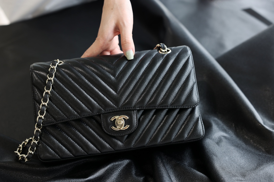 Chanel Medium Classic Flap CF in Chevron Quilted Black Lambskin and LG   Brands Lover