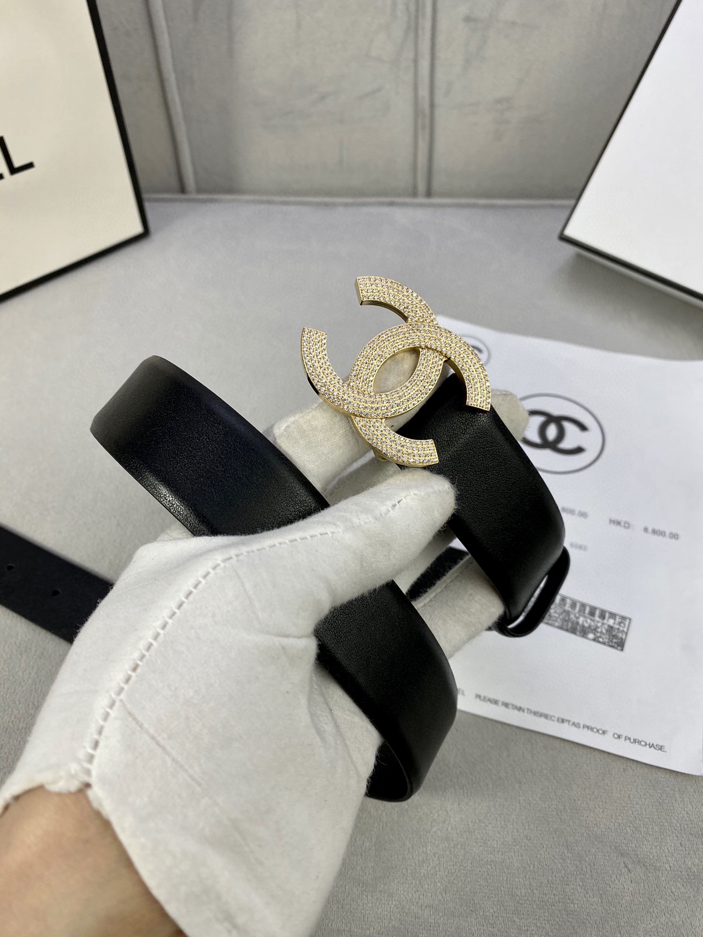 Chanel クラシック平纹/両面牛皮 ベルト 幅3.0cm 銀色金色ダイヤモンド装飾付き