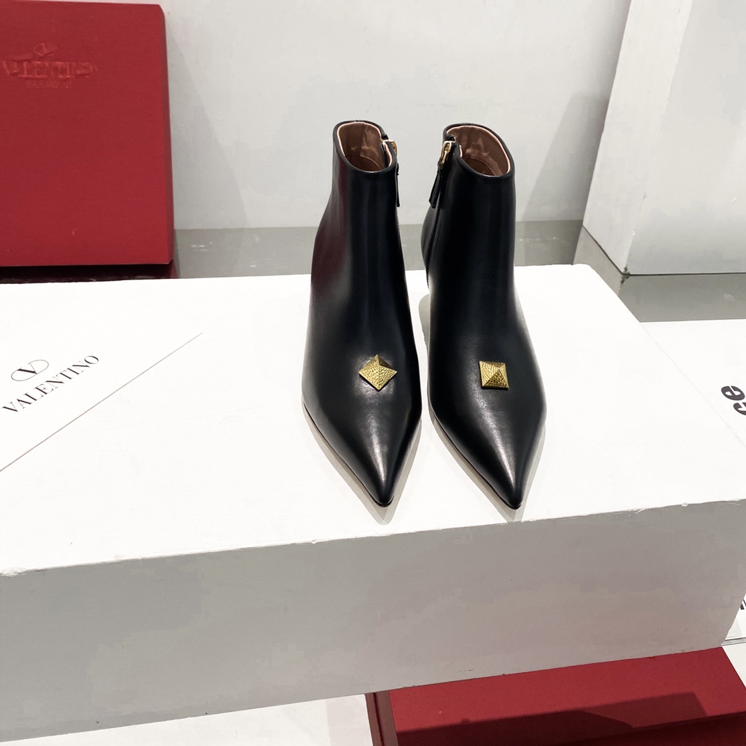 Valentino Ankle Boots Calfskin Pointed Toe Stiletto Heel Black