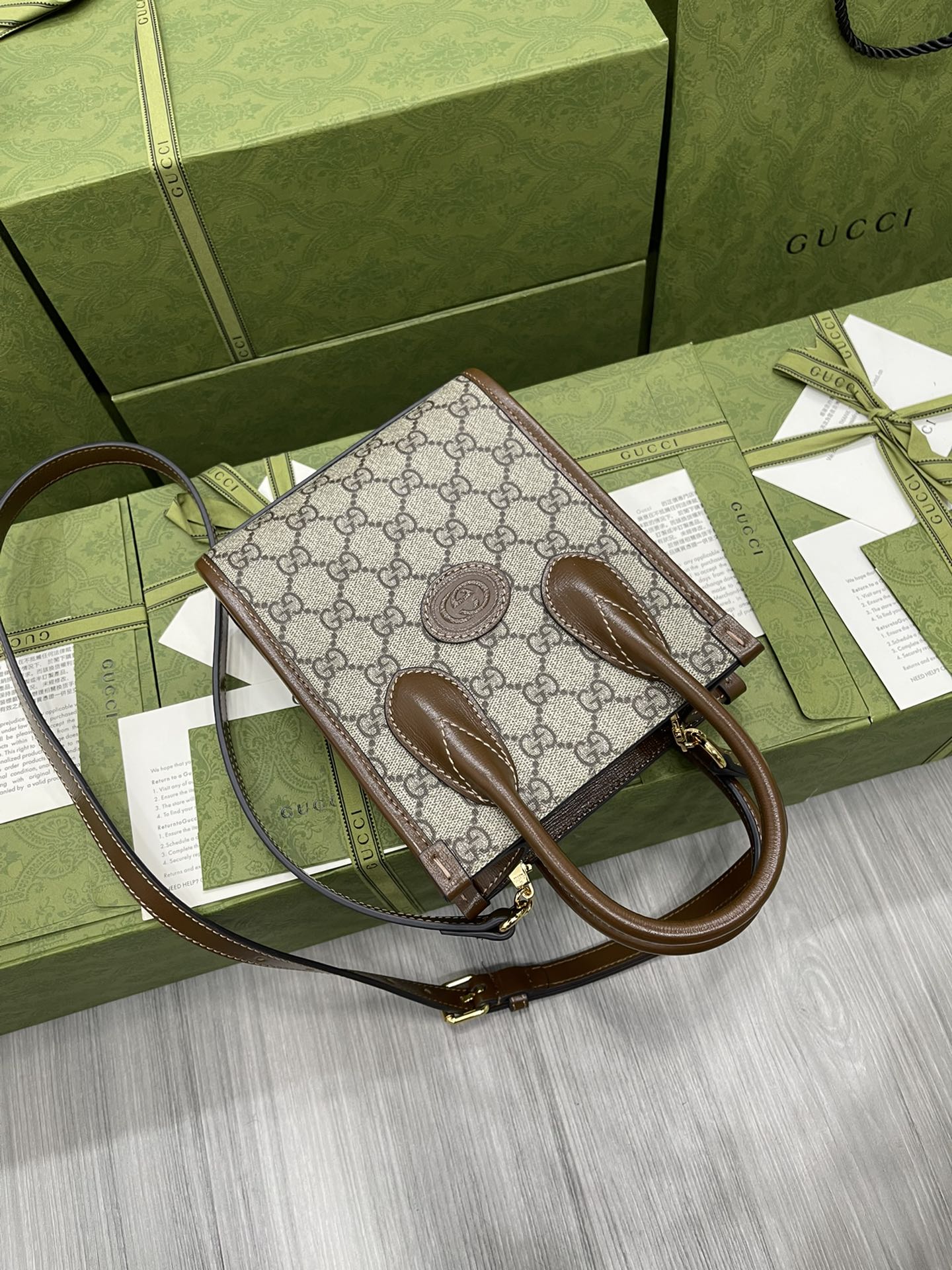 GUCCI 雙G帆布 手提包 棕色皮革飾邊