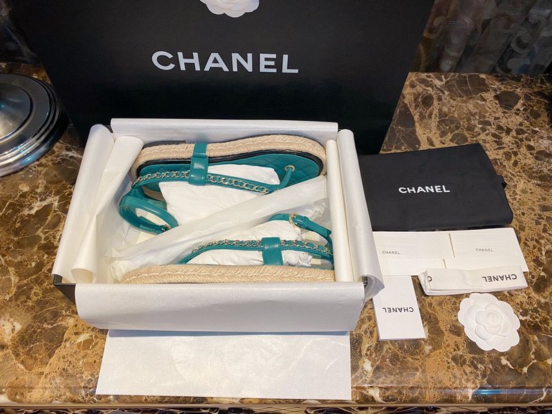 Counter Quality Chanel Shoes Sandals Blue Straw Woven