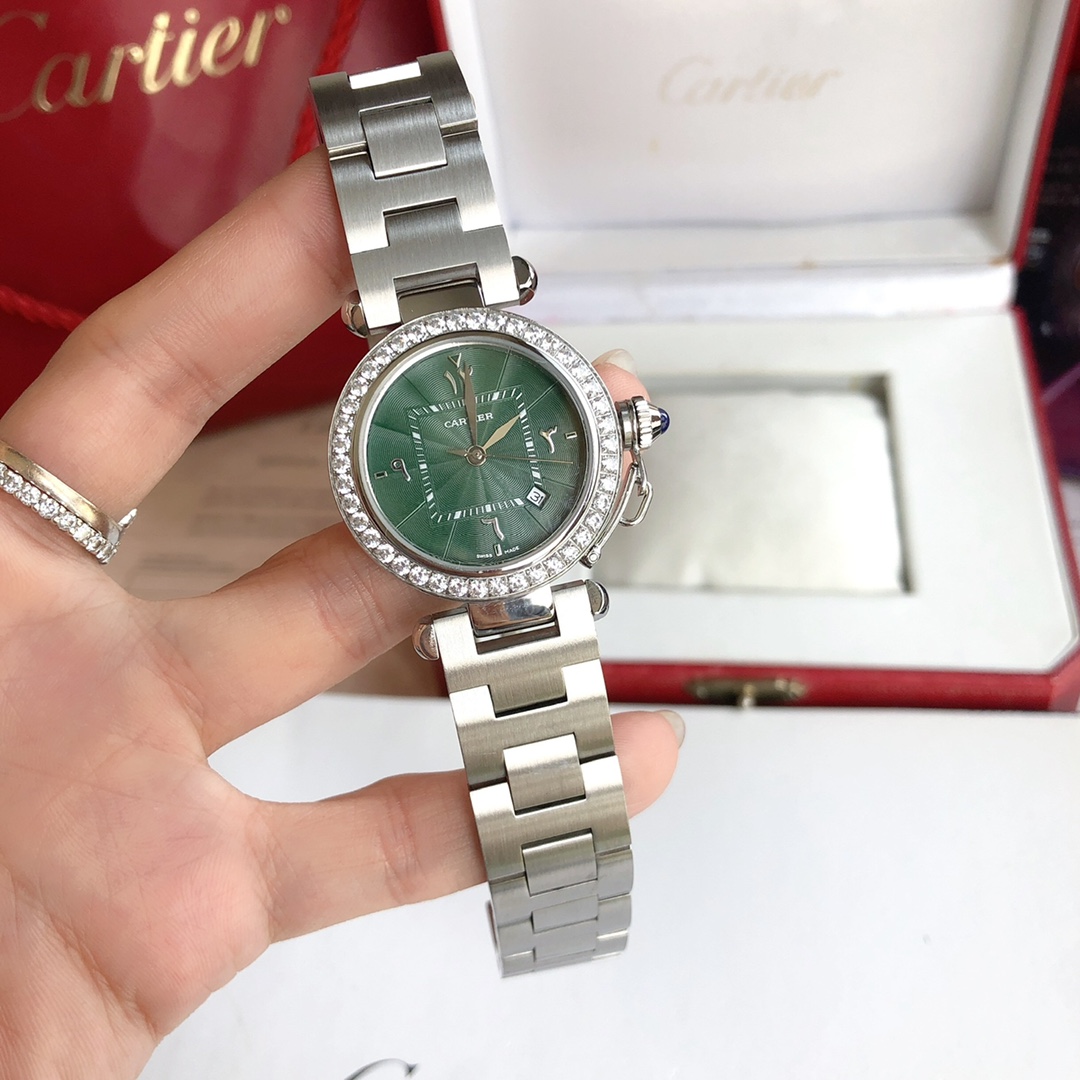 Cartier 卡地亚2021款帕莎系列腕表 最新中东限定款 墨绿色表盘 标准阿拉伯文数字 35mm表款