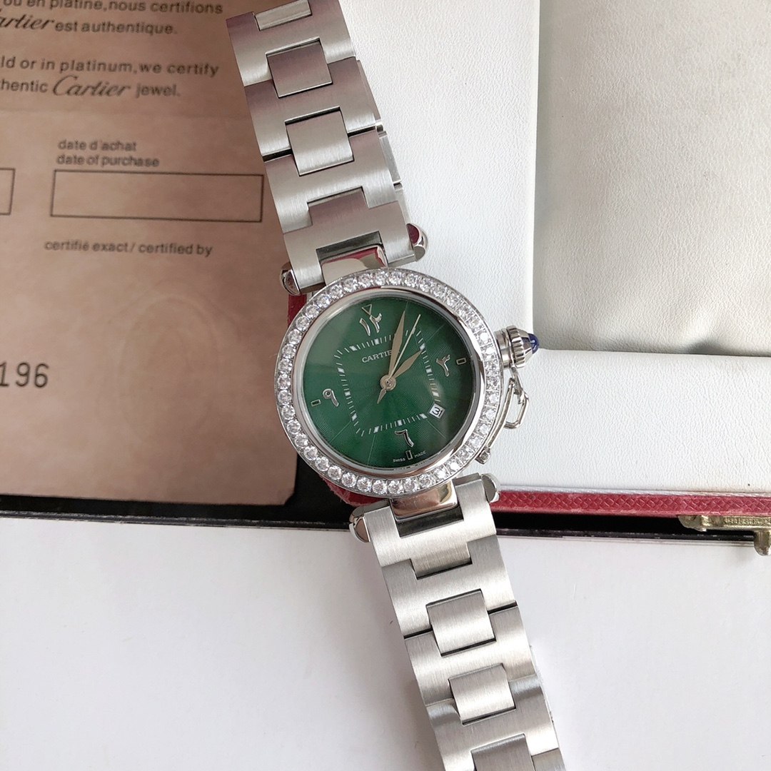 Cartier 卡地亚2021款帕莎系列腕表 最新中东限定款 墨绿色表盘 标准阿拉伯文数字 35mm表款
