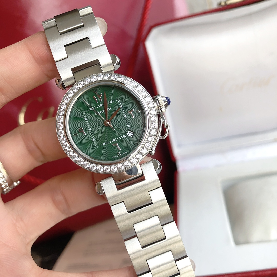 Cartier 卡地亚2021款帕莎系列腕表 最新中东限定款 墨绿色表盘 标准阿拉伯文数字 35mm表款