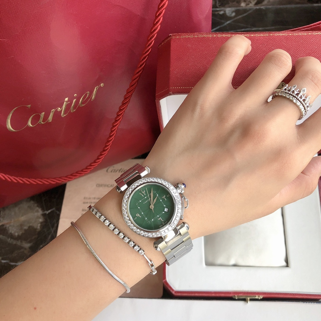 Cartier 卡地亚2021款帕莎系列腕表 最新中东限定款 墨绿色表盘 标准阿拉伯文数字 35mm表款